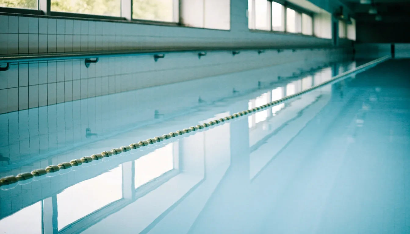A still indoor swimming pool lane at midday with a rope across flat pale blue water and white tile at the near edge