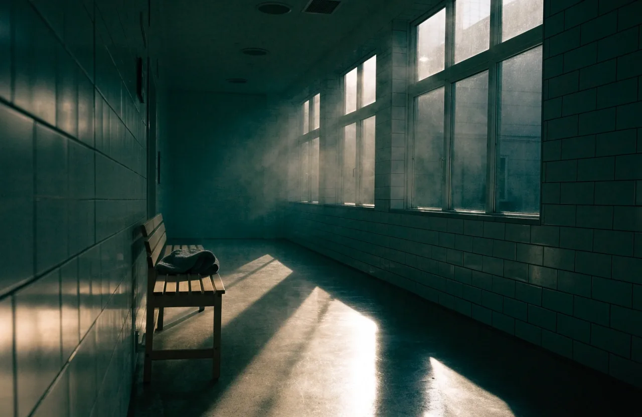 A tiled swimming hall corridor with a wooden bench, a folded towel and daylight on the floor