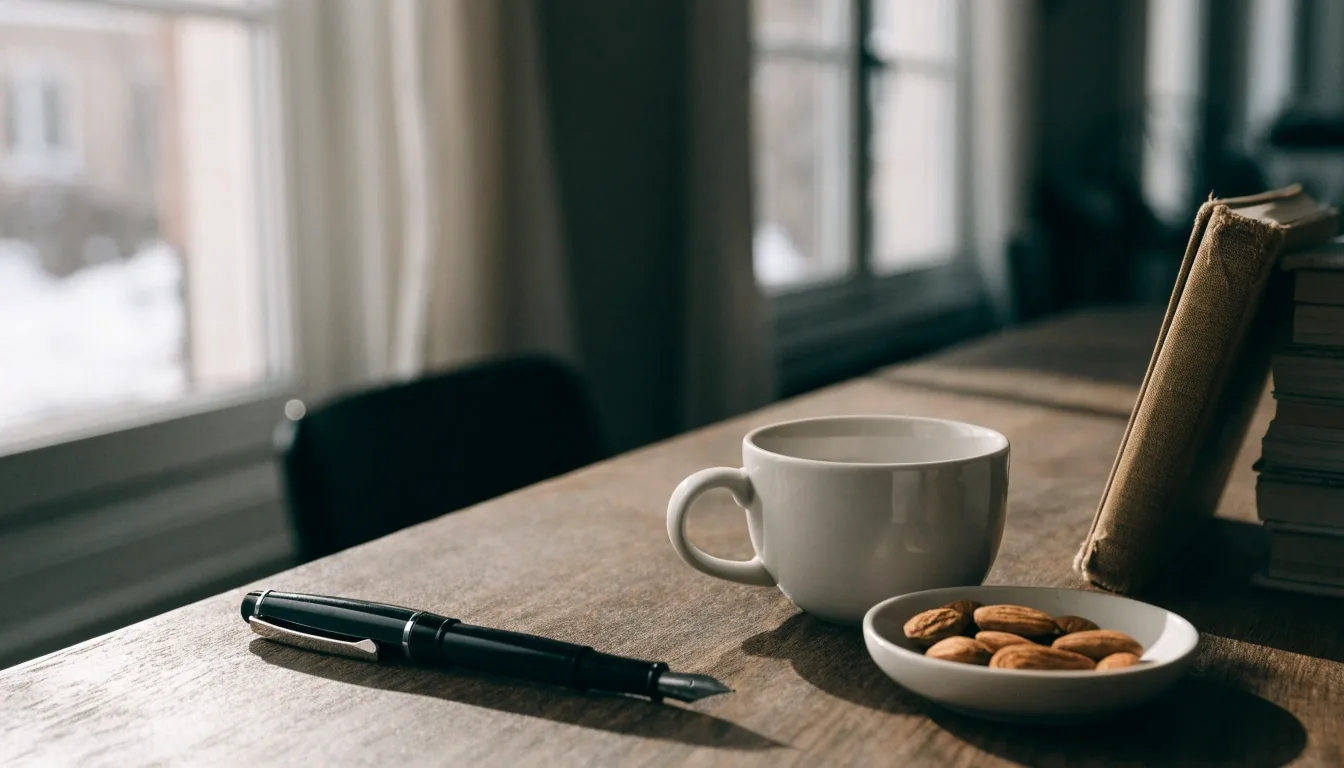 A dark wooden desk with unmarked paper, a fountain pen, a mug and an open reference book in window light