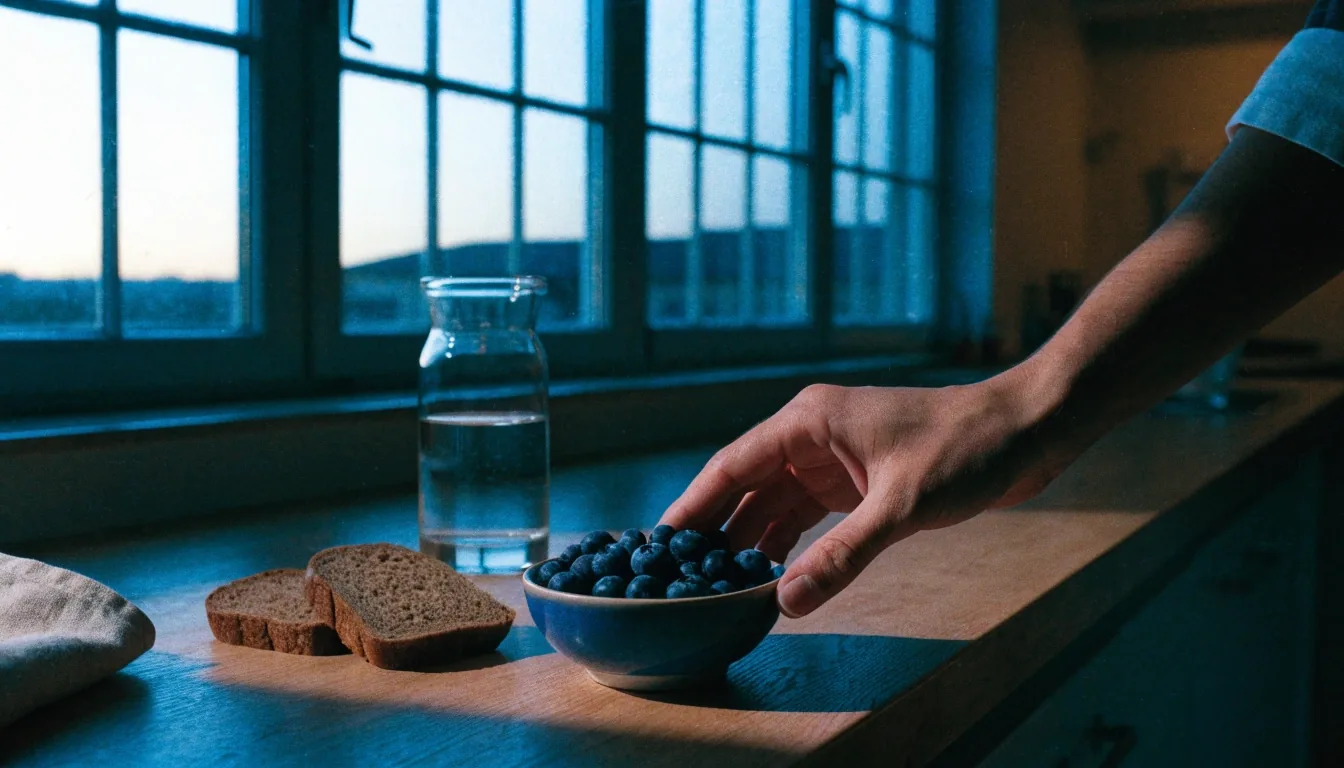 Rye bread, blueberries and a glass carafe arranged on a wooden kitchen counter in winter daylight