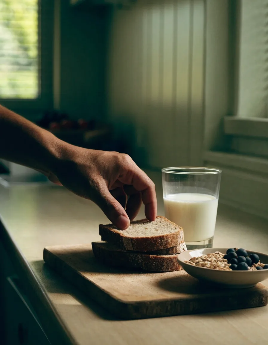 A person eating a plain breakfast at a wooden table in a Finnish kitchen