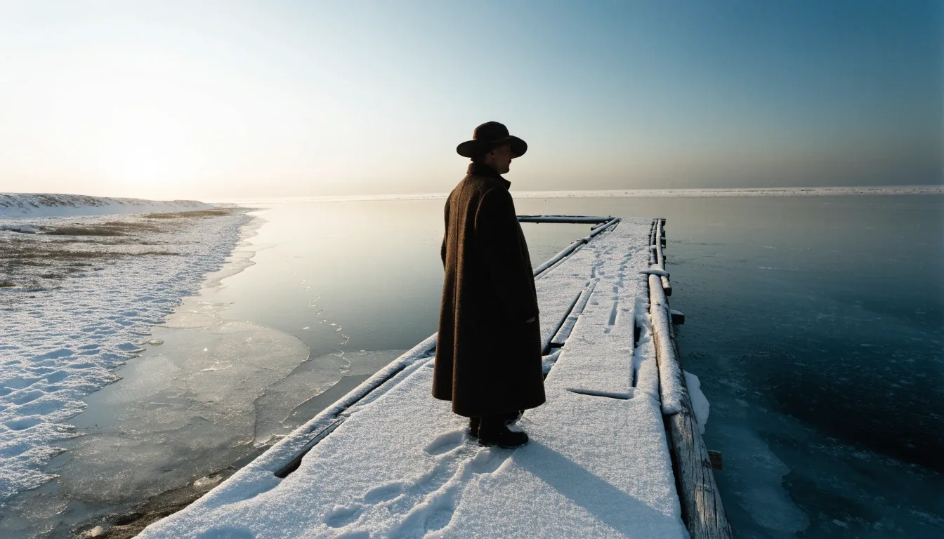 Low winter daylight over a frozen Finnish lakeshore