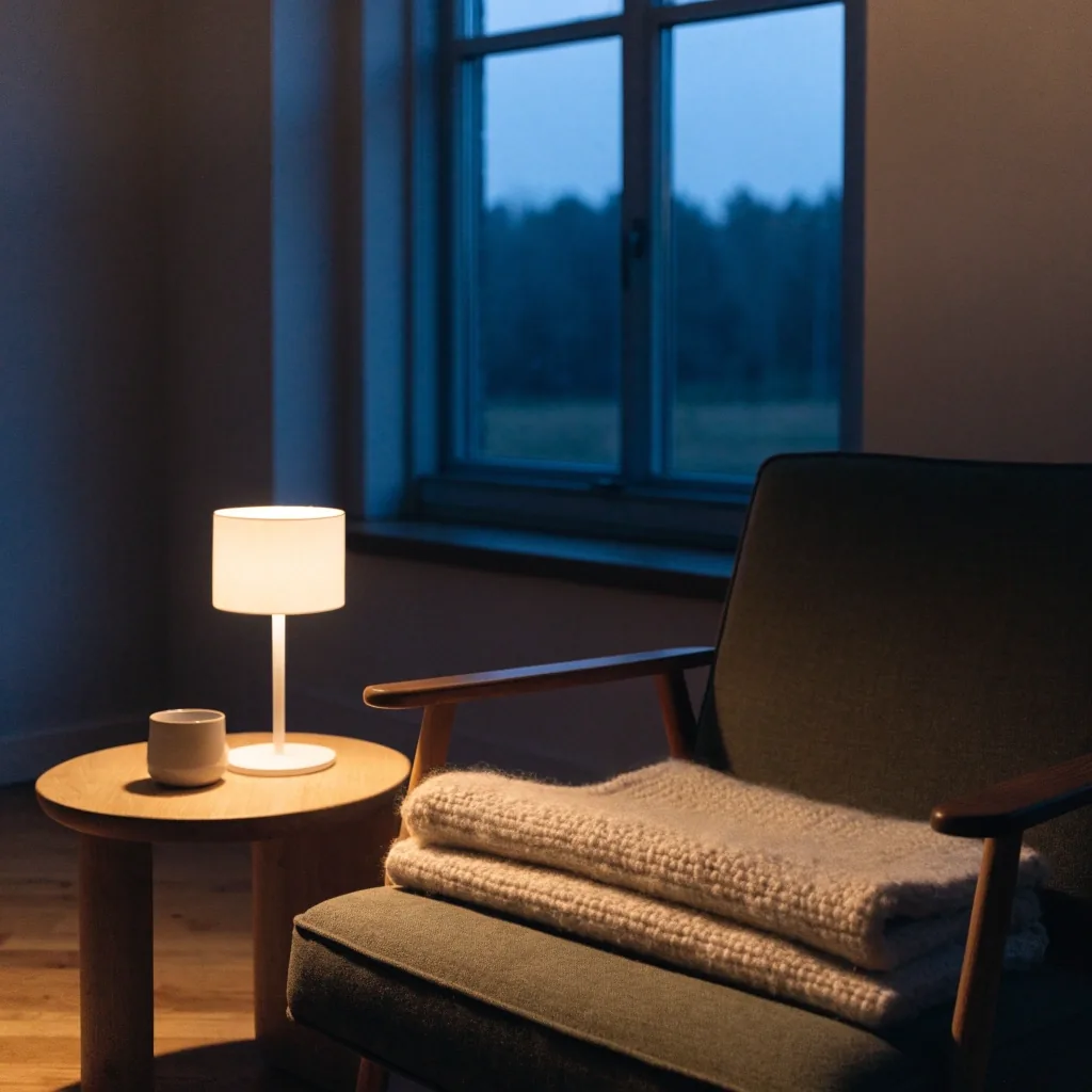 A quiet Nordic living room in the late evening with a single armchair, a low lamp, and cool dusk light from a tall window