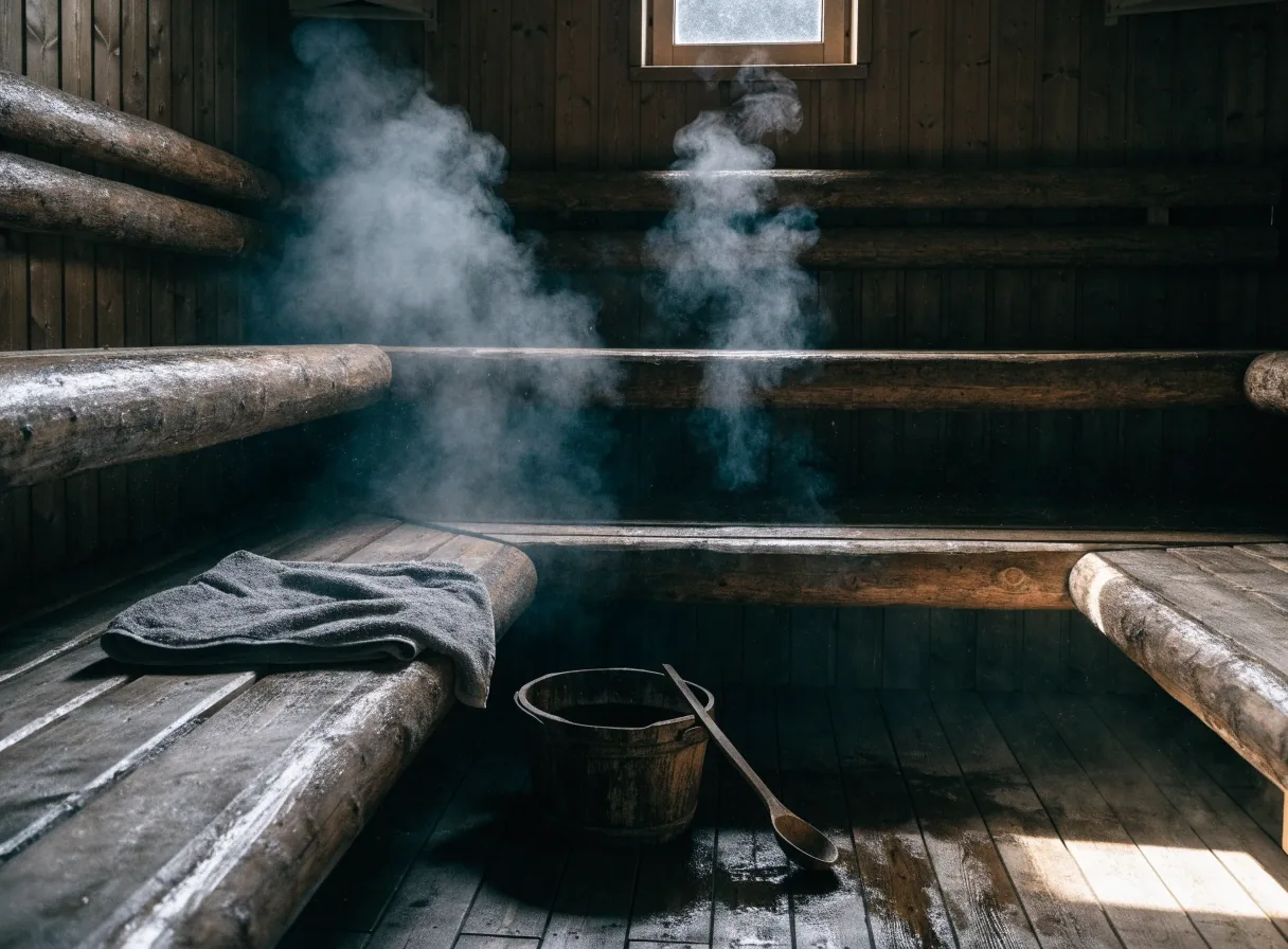 Interior of a dark wooden Finnish sauna with a folded towel and a wooden pail at noon