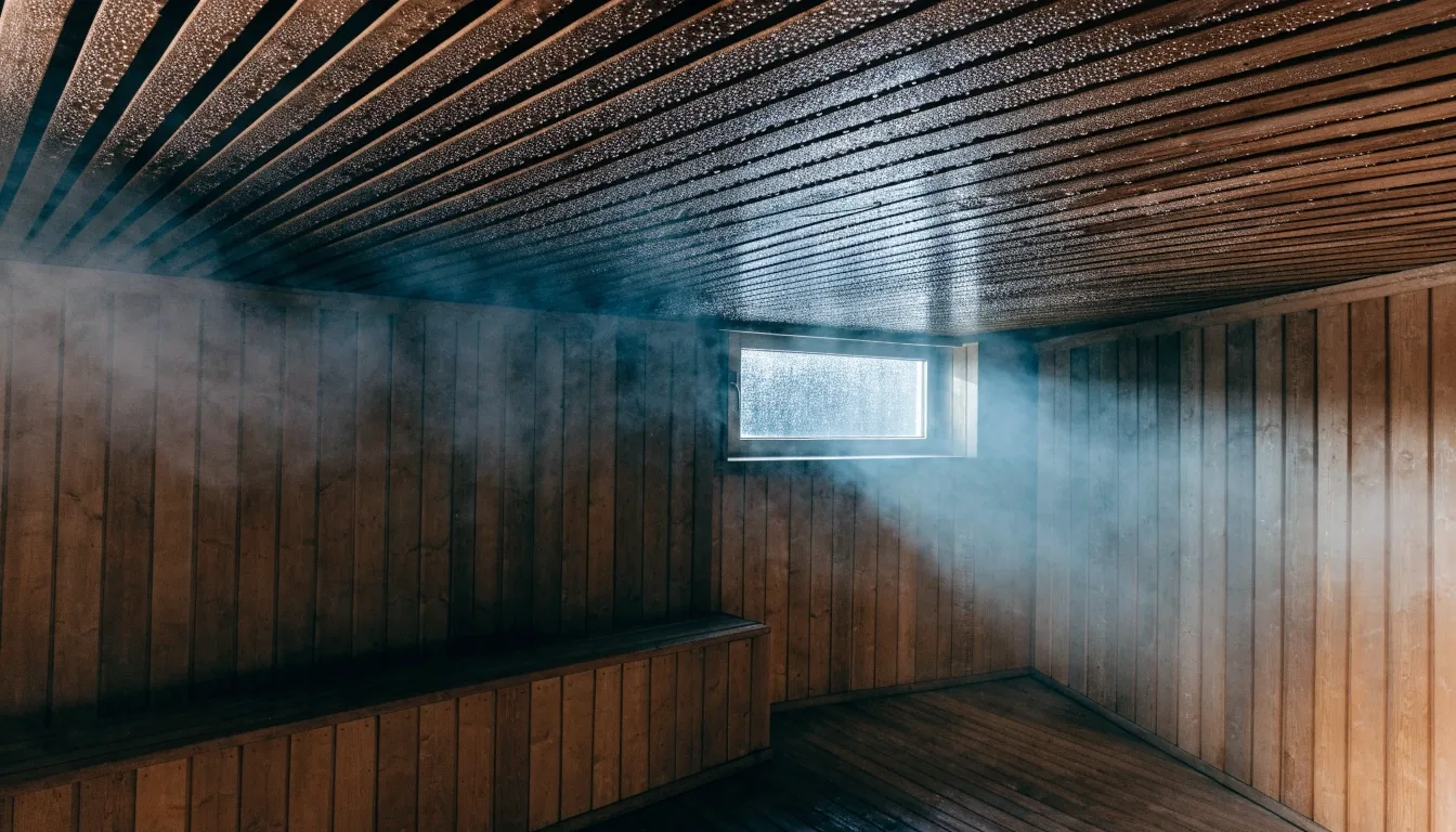 Condensation beading on the wooden ceiling of a public sauna with cold light from a high window