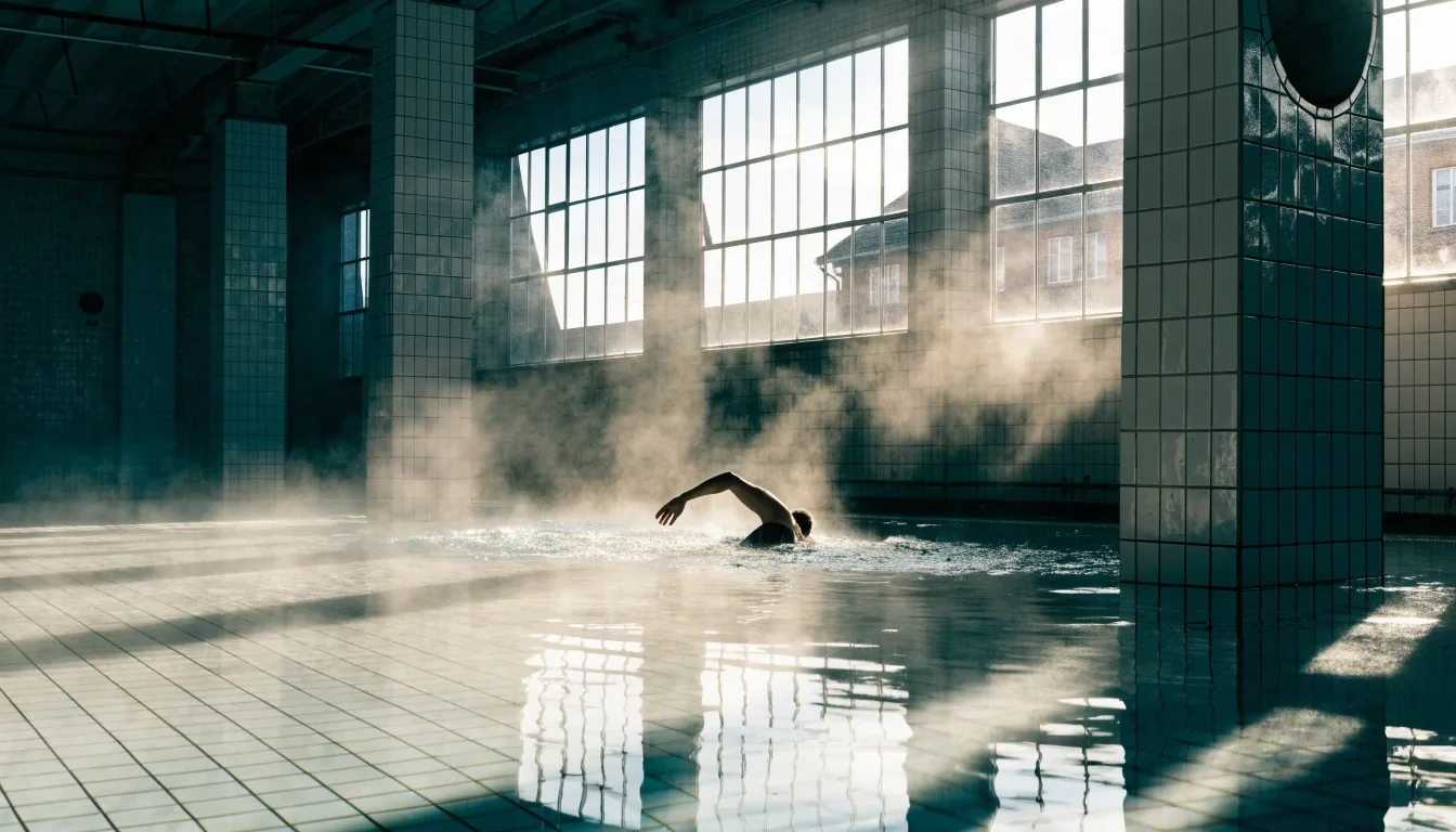 Steam drifting over a quiet pool in a Finnish swimming hall at midday