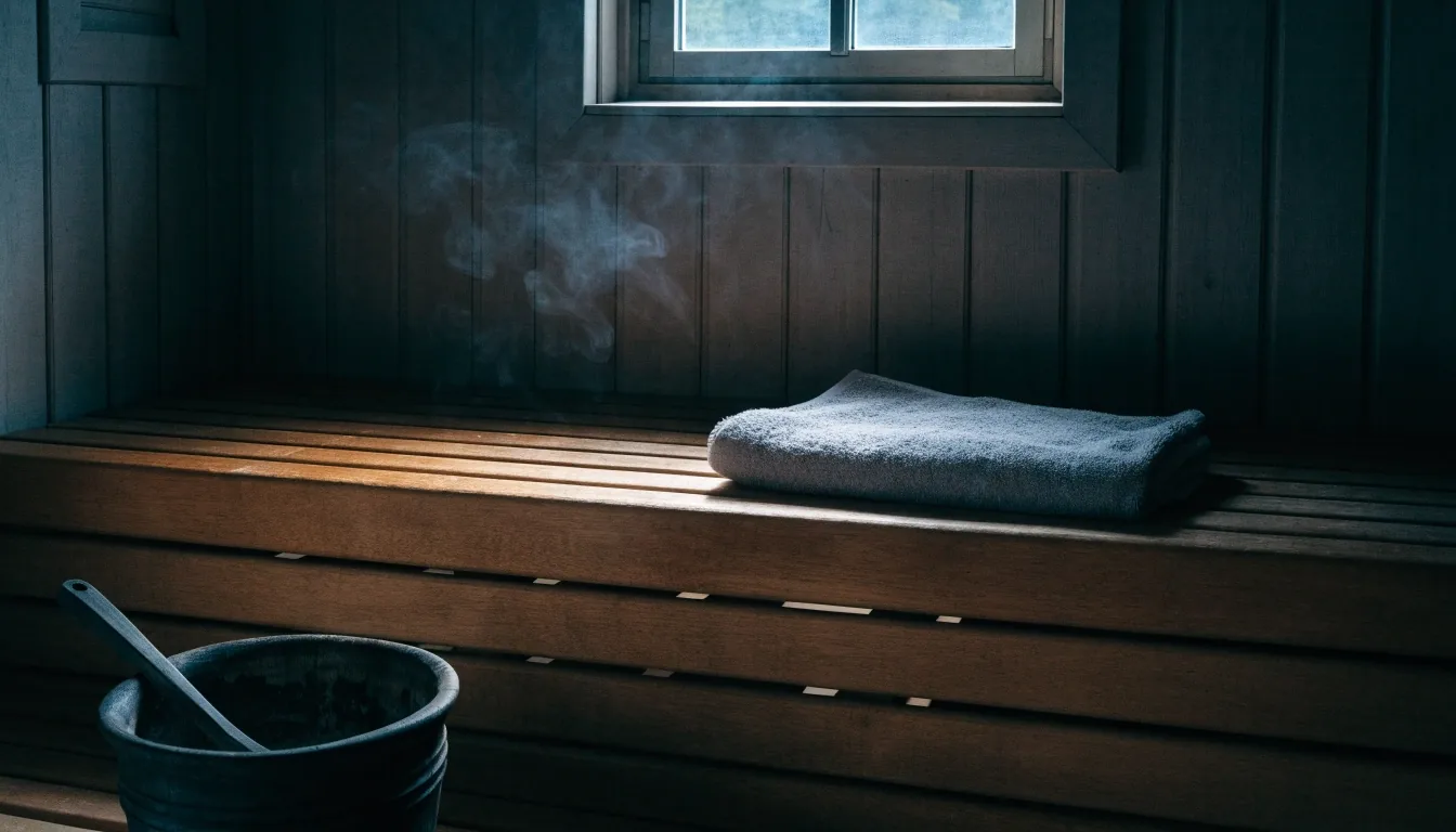 Steaming water pail and folded towel on the wooden bench of a Finnish sauna