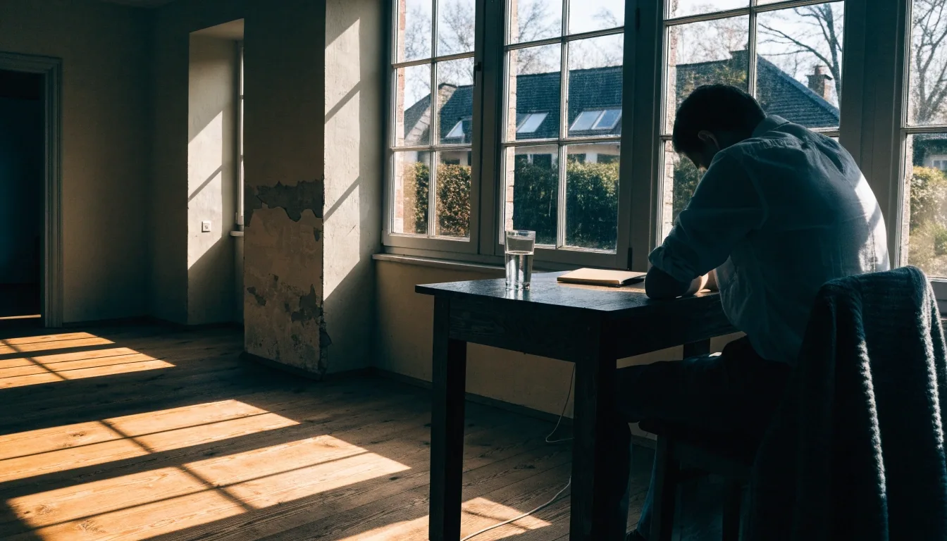 A reader sitting by a tall autumn window with a closed notebook and a glass of water on the table
